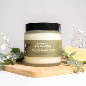 Tallow Face Cream, Bergamot Eucalyptus, Organic Whipped Grass-Fed Beef Tallow Skin Moisturizer Balm, Organic Moisturizer, 4 oz