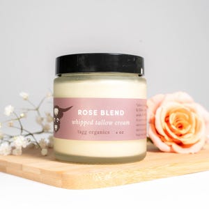 Tallow Face Cream, Rose, Organic Whipped Grass-Fed Beef Tallow Skin Moisturizer Balm, Organic Moisturizer, Pure Essential Oil,  4 oz