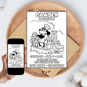 Modello modificabile di invito di compleanno Steamboat Willie, tema festa di Topolino, invito di Topolino, inviti personalizzati senza tempo