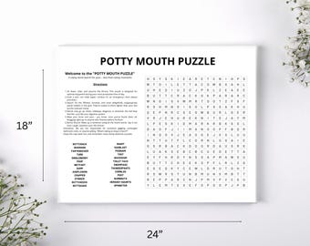 Könnte beinhalten: Ein rechteckiger Leinwanddruck, 61 cm breit und 46 cm hoch, mit einem Wortsuchrätsel mit dem Titel "POTTY MOUTH PUZZLE". Das Rätsel enthält eine Liste verwandter Wörter. Weißer Hintergrund mit schwarzem Text.