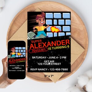 Editable Super Mario Bros invitation template video game inspired birthday invite custom timeless vintage party invitations instant download