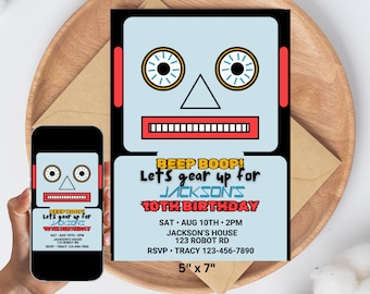 Puede incluir: Una invitación de cumpleaños de color azul y negro con temática de robot con el texto "Beep Boop! Let's gear up for Jackson's 10th Birthday". La invitación incluye la fecha, la hora, la ubicación y la información de RSVP. La invitación mide 12,7 cm por 17,8 cm.
