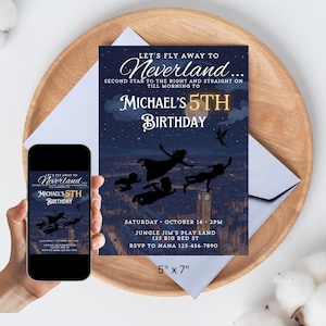 Modèle MODIFIABLE d&#39;invitation d&#39;anniversaire Peter Pan pour une soirée à thème Peter Pan, une invitation d&#39;anniversaire au Pays imaginaire, une fête d&#39;anniversaire pour enfant