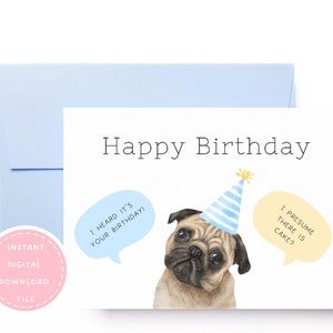 Tarjeta de cumpleaños divertida de Pug / Tarjeta de cumpleaños de pastel de Pug / Tarjeta de Pug codicioso / Tarjeta de cumpleaños imprimible de Pug / Tarjeta de descarga de Pug / Tarjeta de padre de Pug /