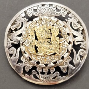 Spilla peruviana vintage con ciondolo a medaglione in argento sterling e oro