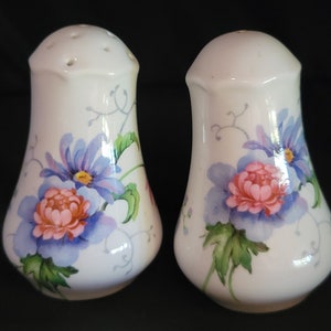 1 Set of Vintage China Salt and Pepper Shakers Pink Rose and Blue Flowers