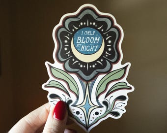 BLOOMING | Whimsical 5 Inch Sticker, Celestial, Moon, Floral, Ornamental, Creativity, Night-Themed Art