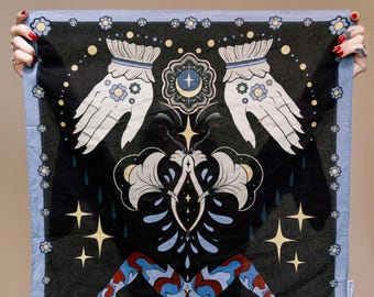 NIGHT BLOOMS | Female Anatomy Vintage Bandana Scarf, Celestial, Tarot, Psychedelic, Nouveau, Wearable Art, Wall Hanging, Altar Cloth