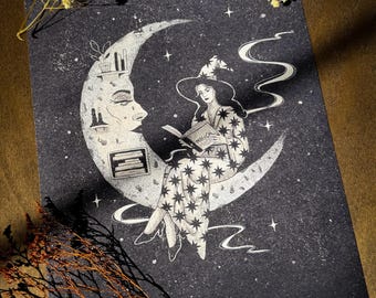 THE READING WITCH | Witchy, Retro, Psychedelic, Celestial, Vintage, 60s-70s, Dark Arts, Dark Feminine, Books, Moon, Art Print, Moody Decor