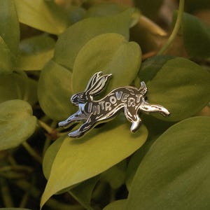 May include: A silver-colored pin in the shape of a running rabbit. The word "INTROVERT" is inscribed on the rabbit's body. The pin is set against a backdrop of green leaves, creating a nature-inspired aesthetic.