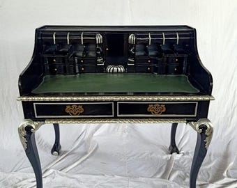 Escritorio de escritorio Luis XVI barroco rococó antiguo, ancho 102 cm, negro/plata