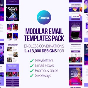 Puede incluir: Un collage de plantillas de correo electrónico coloridas con el texto "Modular Email Templates Pack" y "Endless Combinations & +13,000 Designs for Newsletters, Email Flows, Promo & Sales, Giveaways".