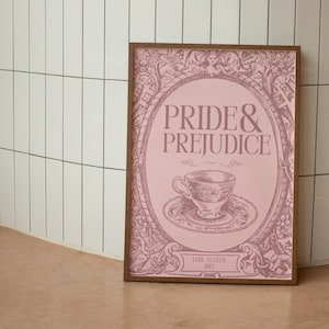 Orgullo y prejuicio Impresión de arte digital - Jane Austen Aesthetic Wall Art - Cartel de portada de libro rosa - Cartel de novela de estilo vintage