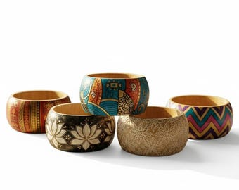 Handmade Wooden Bracelet, 3D Color Painting, Israeli Art Jewelry