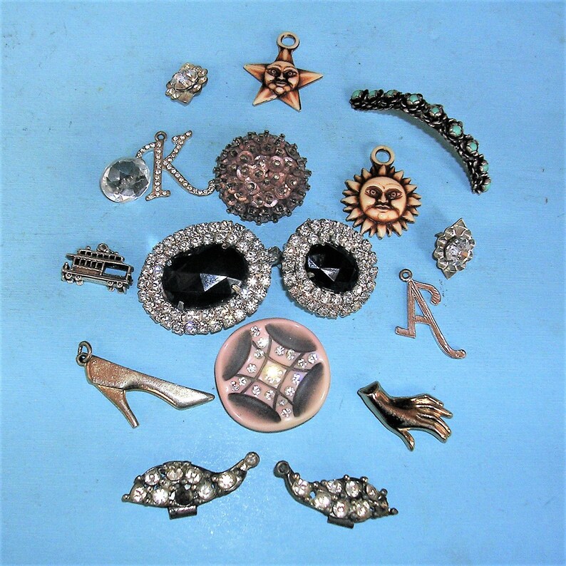 Vintage Antique Jewelry Rhinestones Rhinestone Clips Charms And Initials Steampunk Diy
