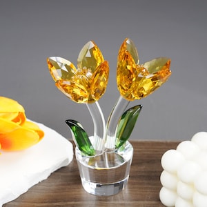 Handmade Glass Tulip Flowers, Crystal Glass Flower Gift for Women, Pink/Yellow/Blue Tulip Flower Glass Figurines, Elegant Home Decor
