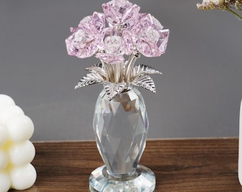 Handmade Elegant Crystal Rose Flower Bouquet, Pink Crystal Glass Rose Flower Gifts for Women, Mother&#39;s Day Gifts for Wife/Girlfriend