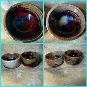May include: A collection of handmade ceramic bowls with a rustic aesthetic. The bowls feature a mix of colors, including deep reds, blues, and earthy browns. The interior of each bowl has a glossy finish, while the exterior has a textured, matte appearance.