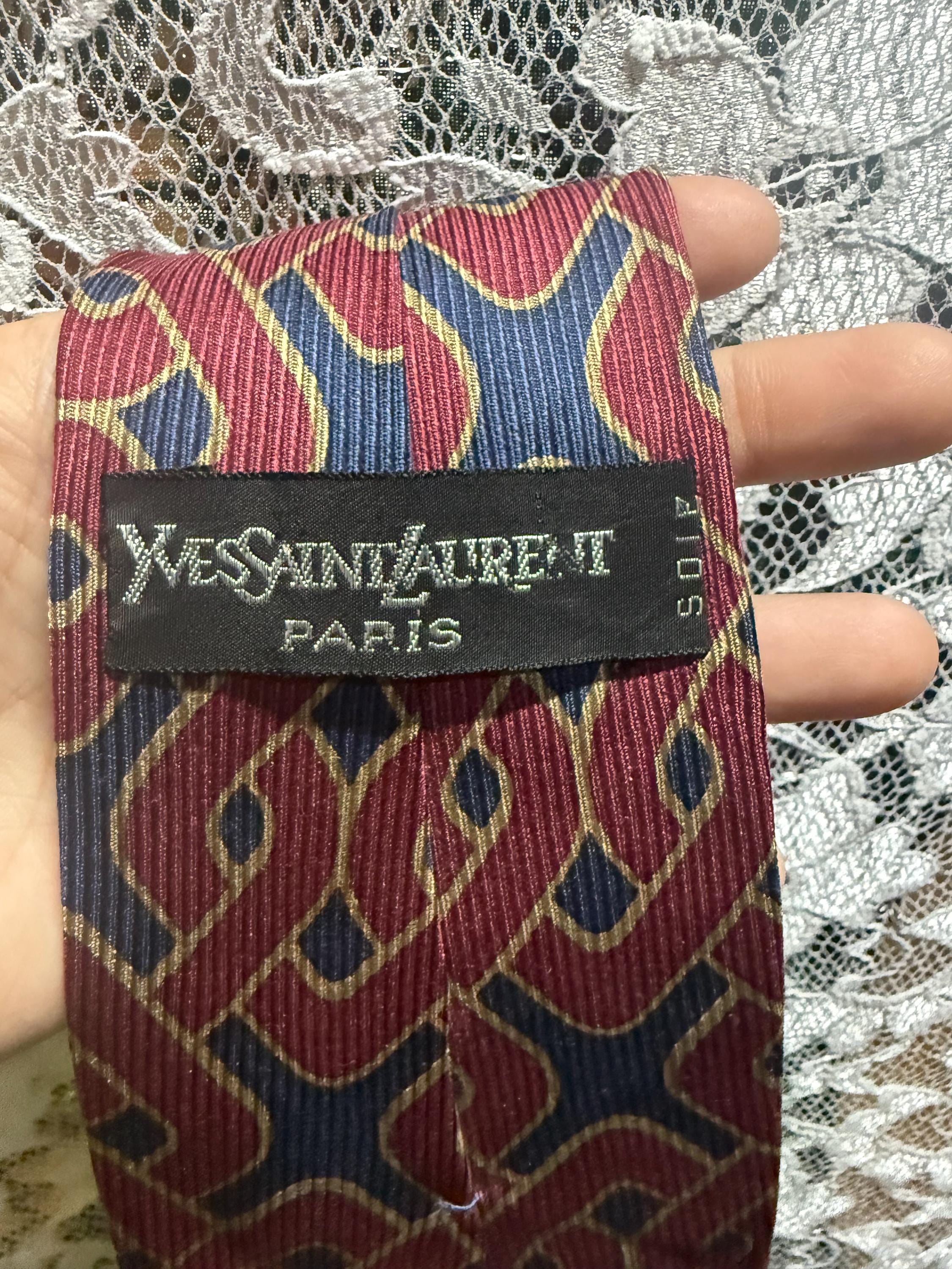 Ysl Geometry Pattern Yves Saint Laurent Burgundy Navy Tan Geometric Pattern Silk Tie Vintage ...