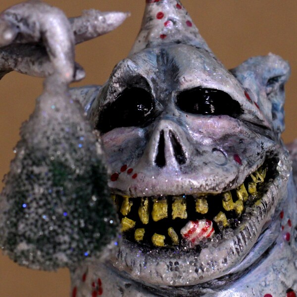 Monster with a SWEET tooth, Zusman the Art Doll Creature Loves Candy, Icy Blue Christmas Elf