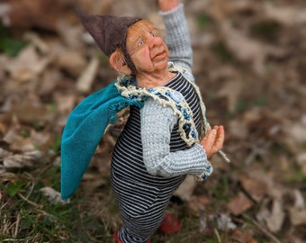 Topi the House Elf, magical fae, elven gnome relation, cousin of Pixie peoples . Art doll made in Nova Scotia
