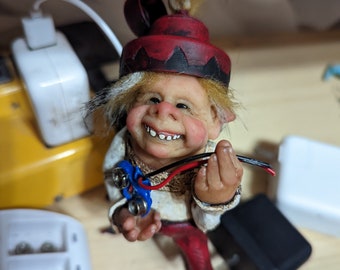 Mooster the scavenger Elf, gnome art doll, borrowers style, handmade in Nova Scotia, fae folk figurine wearing red cap, elven ears