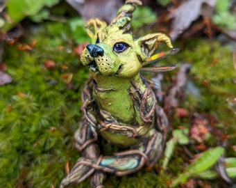 Sprout Sprite Fairy Figurine, Spring art doll, Elemental green fae sculpture, handmade in Nova Scotia