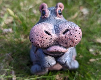 Hippopotamus Sculpture, Young Baby Hippo Calf Figurine, House Hippo, chubby cheeks, handmade in Nova Scotia
