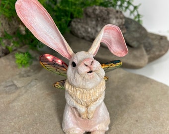 Bunny fairy sculpture, big eared rabbit, sculpture, wild hare figurine. Handmade in Nova Scotia