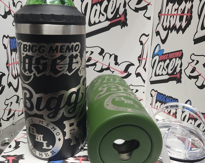 Featured listing image: Stainless Steel 4-in-1 Beverage Insulator: Can Cooler, Bottle Opener, Tumbler - Personalized/Custom Engraved