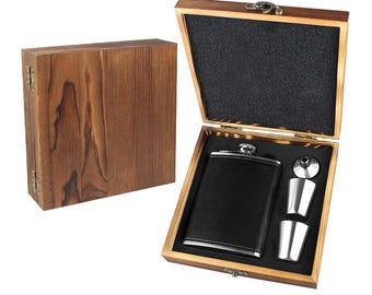 8oz Stainless Steel Flask Wrapped in Black Pleather With 2 Cups & Funnel Gift Set in Wood Box