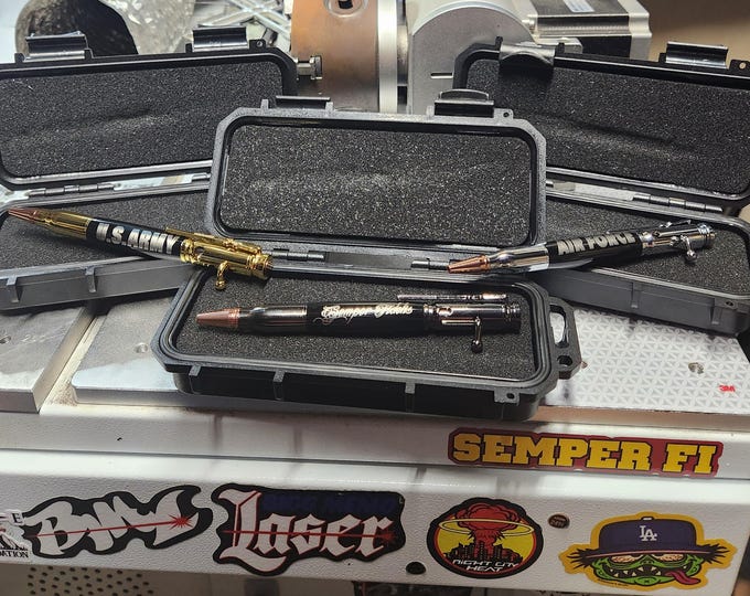 Featured listing image: Bolt Action Ballpoint Bullet Pen with Polymer Case (Custom Laser Engraved) Gold, Silver, Dark Gray.