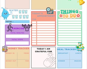 May include: A colourful daily planner with sections for mood, goals, appointments, things to do, water intake, exercise, money tracker, gratitude, meal tracker, and notes. The planner also includes a section for tomorrow's plans.