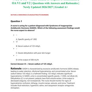 Puede incluir: Un documento titulado WGU D446 Adult Health II Objective Assessment OA V1 and V2 Questions with Answers and Rationales Newly Updated 2026/2027 Graded A+. Incluye una pregunta de enfermería sobre SIADH y un nivel de sodio de 125 mEq/L.