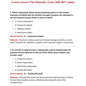 May include: A document titled WGU D334 PA | Intro to Cryptography | Questions and Correct Answers Plus Rationale | Latest 2026-2027 Update. It lists two multiple-choice questions about cryptanalysis attacks, including the correct answers and rationales.