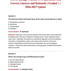 May include: A document titled MCAT Biology Practice | 170 Questions with Correct Answers and Rationale | 2026-2027 Update. It displays Question 1 about chemical reactions and Question 2 regarding intermolecular bonds with multiple choice options.