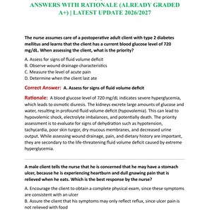 May include: A document titled BSN 366 EXIT HESI V2 | QUESTIONS AND CORRECT ANSWERS WITH RATIONALE (ALREADY GRADED A+) | LATEST UPDATE 2026/2027. It contains nursing exam questions regarding a client with type 2 diabetes and a client with stomach ulcer symptoms.