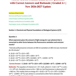 May include: A document titled MCAT AAMC Practice Exam 2 with 160 questions, correct answers, and rationale for the 2026-2027 update. It lists exam sections and displays Question 1 regarding light energy calculation with multiple choice options.