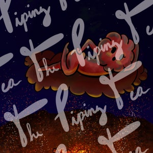 Puede incluir: Una criatura roja y naranja con una cola larga está acostada en una nube en un cielo nocturno estrellado. La criatura está rodeada de una sustancia de lava naranja y amarilla.