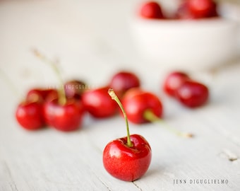 Kitchen art, red cherries still life food photography, Fruit print