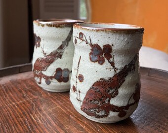 Hand Painted Ceramic Mugs. RARE Vintage Japanese Pottery Tea Cup Yunomi.