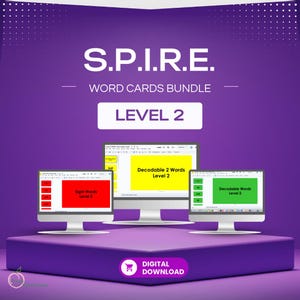 May include: A digital download bundle of word cards for level 2. The bundle includes three sets of cards: sight words, decodable 2 words, and decodable words. Each set is displayed on a computer screen with a colorful background.