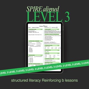 Op de afbeelding: Een digitale tablet toont een lesplan voor gestructureerde geletterdheid, getiteld "SPIRE aligned LEVEL 3". Het scherm toont secties voor foneemkaarten, fonologisch bewustzijn, woordopbouw en zinslezen. Groene tekst en accenten.