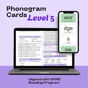 May include: A laptop and smartphone display phonogram cards for Level 5 reading. The laptop screen shows phonological awareness exercises, word building, and spelling activities. The smartphone displays word examples like "wor" and "dge".