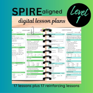 May include: A spiral-bound lesson plan book with the text "SPIRE aligned digital lesson plans." The cover features a black circle with "Level 1" in green. The pages include lesson outlines, vocabulary, and activities. The bottom of the image reads "17 lessons plus 17 reinforcing lessons."