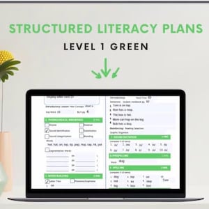 May include: A laptop screen shows a structured literacy plan, labelled "Level 1 Green." The display features educational content, including phonological awareness and spelling sections. A vase with a yellow flower and green leaves is on the left.