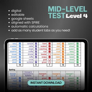 Può includere: Un test digitale e modificabile su Google Sheets allineato al livello 4 SPIRE. L'interfaccia mostra una griglia di parole categorizzate per concetti ortografici con caselle di controllo e calcoli automatici. Testo: MID-LEVEL TEST Level 4 e INSTANT DOWNLOAD.