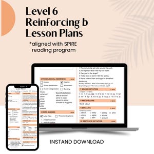 Puede incluir: Un plan de lecciones digital para el Nivel 6 que refuerza los sonidos 'b', alineado con el programa de lectura SPIRE. La imagen muestra una computadora portátil y un teléfono inteligente que muestran contenido educativo, con el texto "INSTAND DOWNLOAD".
