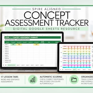 Könnte beinhalten: Ein digitaler Google Sheets Konzept-Bewertungs-Tracker, der auf einem Laptop- und Tablet-Bildschirm angezeigt wird. Die Oberfläche hat eine grüne Kopfzeile, Lektionszeilen und Spalten für Punktzahlen. Text: SPIRE ALIGNED CONCEPT ASSESSMENT TRACKER.