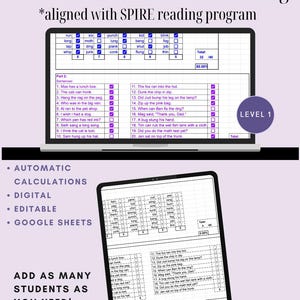 May include: A digital data tracking sheet for Level 1 reading assessment, aligned with the SPIRE program. The image shows a laptop and a tablet displaying the test, with sections for student data and automatic calculations. Text includes "Automatic Calculations" and "Add as many students as you need!"